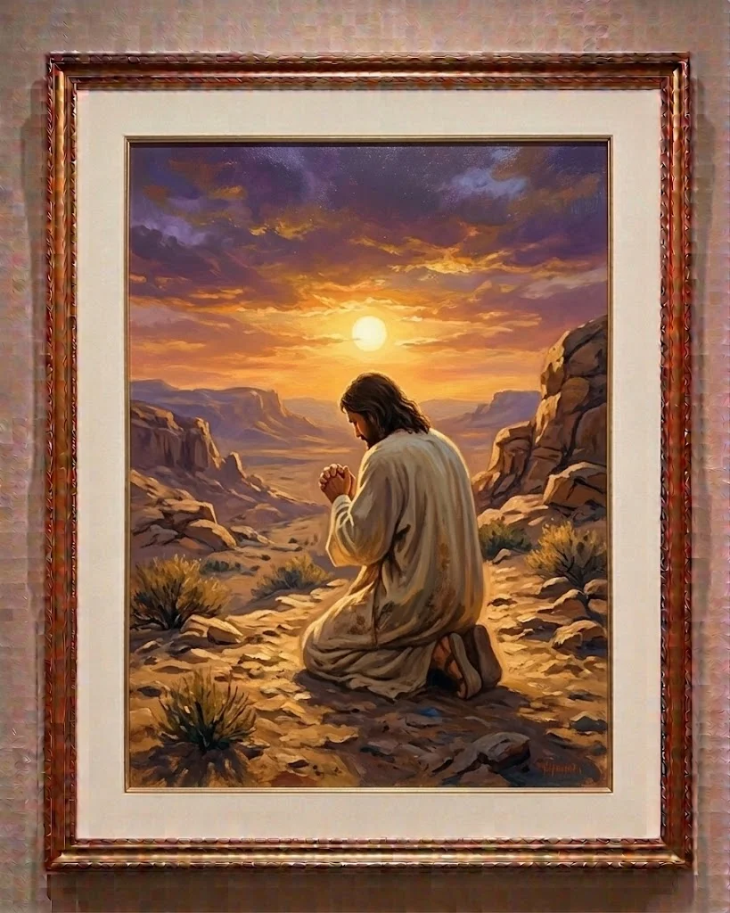 Jesús orando en el desierto, obra enmarcada