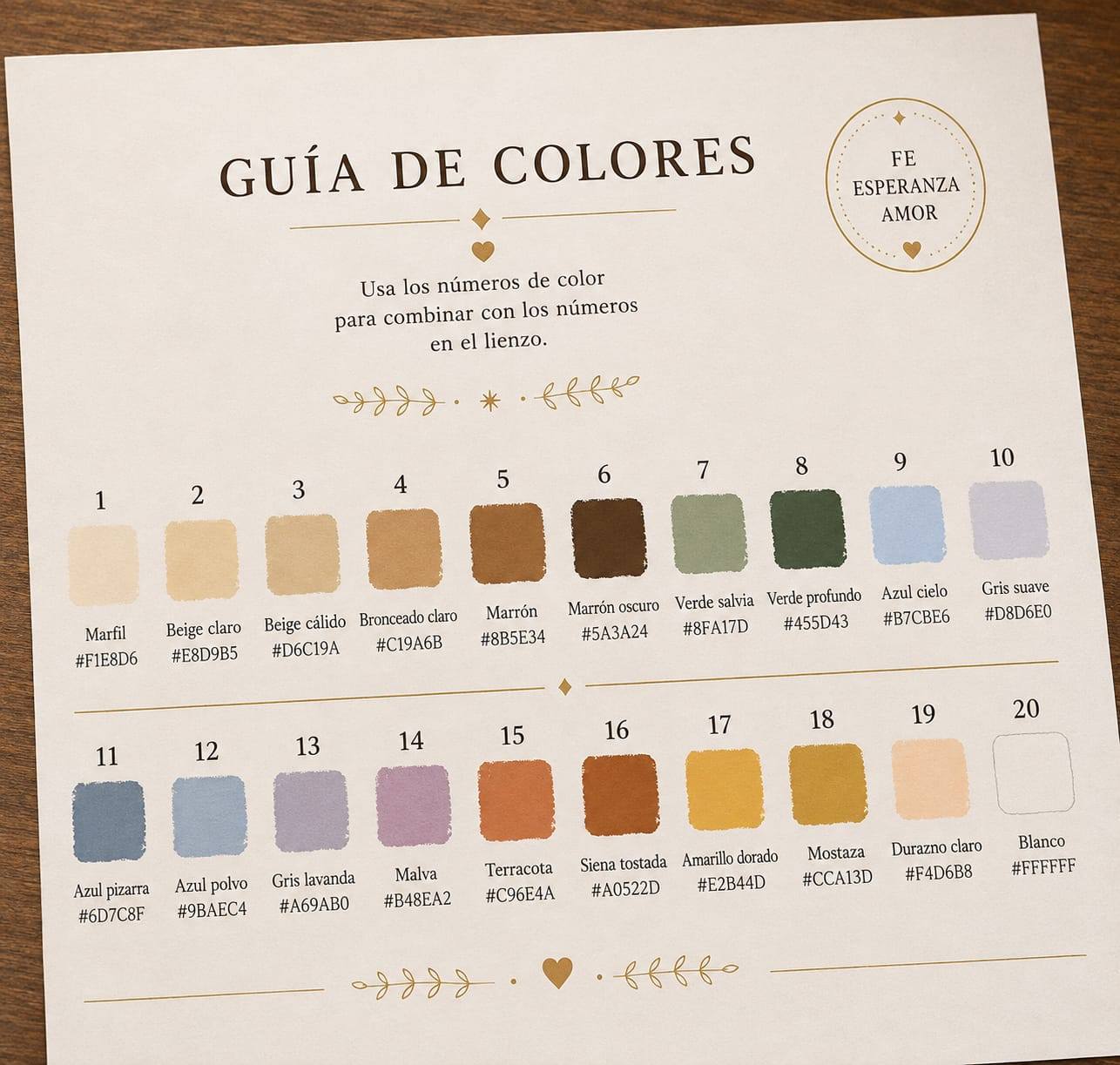Guía de colores con códigos de referencia de un diseño de la colección