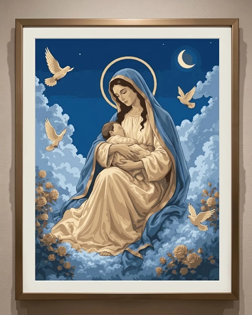 Virgen María con palomas, obra enmarcada